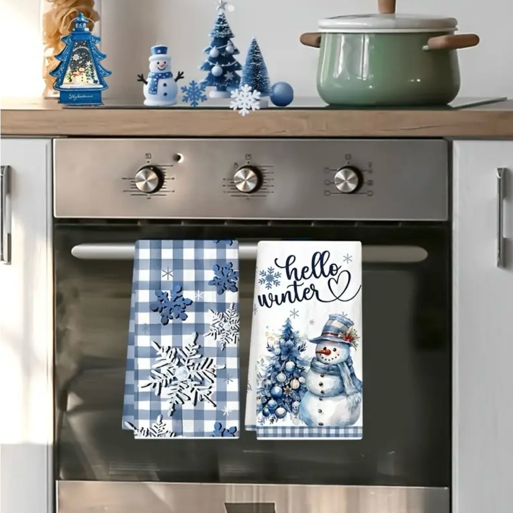 Blue and White Winter Snowman Kitchen Dish Towels